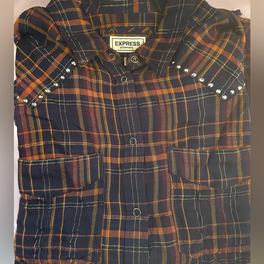 Express Boyfriend Plaid Shirt - Navy and dusty pinks with metallics